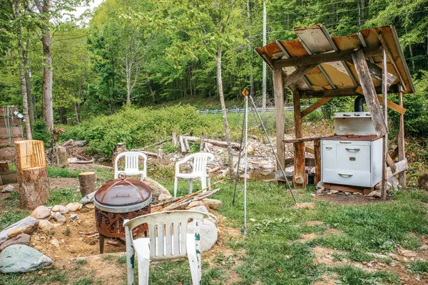 The fire pit on the deck above Cabin Creek