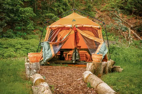 The glamping tent with its front open onto the meadow