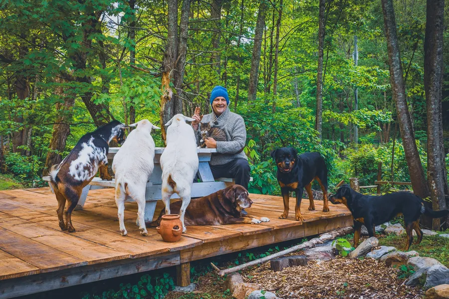 Jeff sitting with the hostel's goats and dogs on the deck